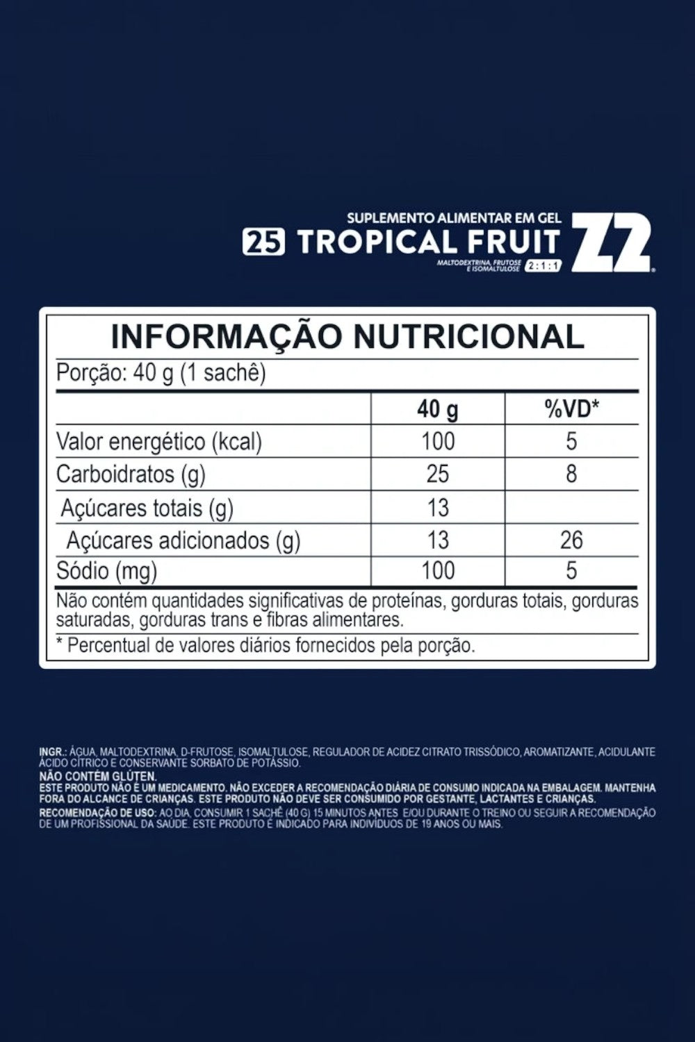 Tabela nutricional do gel de carboidrato Z2 Tropical Fruit da SPORTBR com 25g de carboidratos e 100mg de sódio