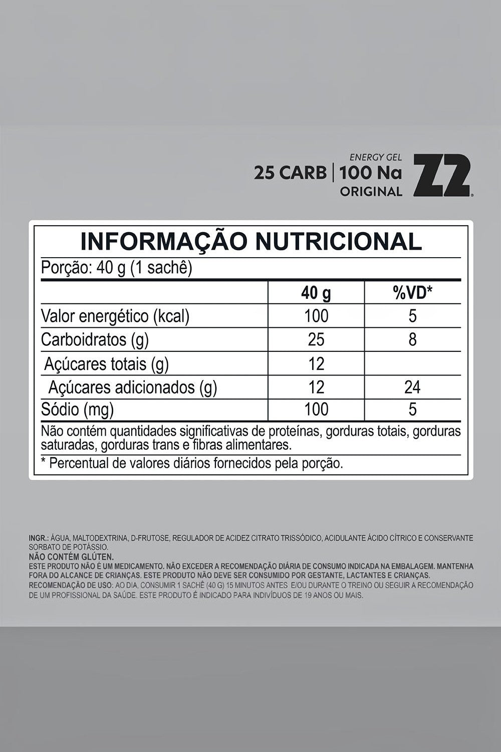Tabela nutricional do gel de carboidrato Z2 Original da SPORTBR com 25g de carboidratos e 100mg de sódio por sachê.
