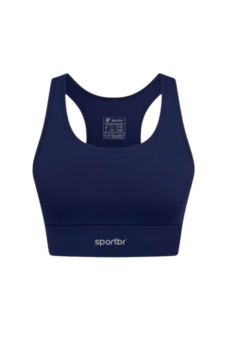 Top esportivo feminino SPORTBR Camilla azul marinho com modelagem nadador e alta sustentação para treinos intensos