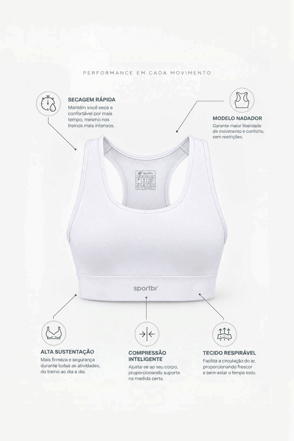 Top esportivo feminino branco SPORTBR com modelagem nadador, alta sustentação, compressão e tecido respirável.