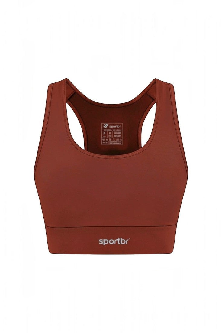 Top esportivo feminino SPORTBR Camilla na cor terra cota, modelo nadador com alta sustentação e compressão.