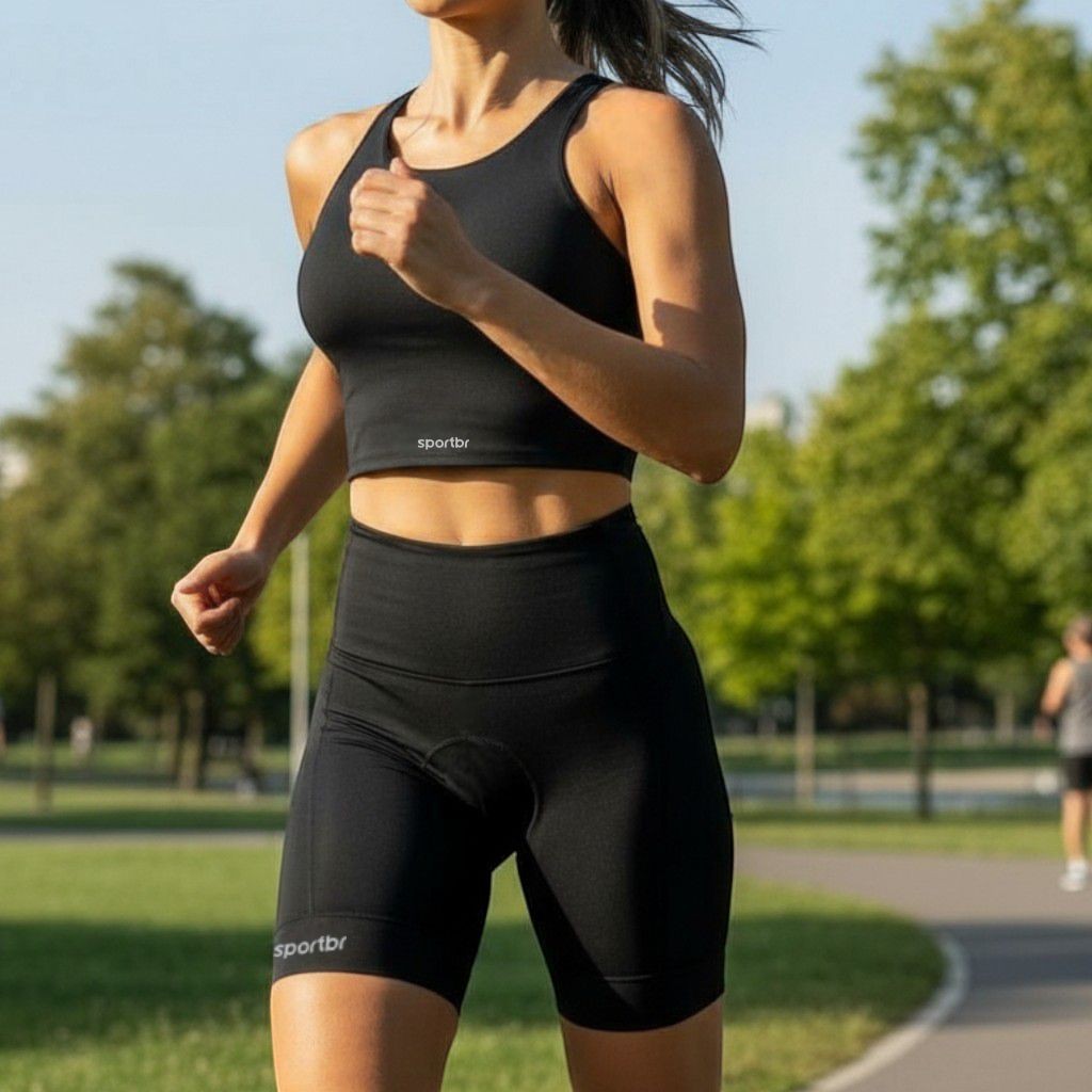 Top cropped preto de alta sustentação da SPORTBR para corrida, com bojo integrado e tecido respirável.