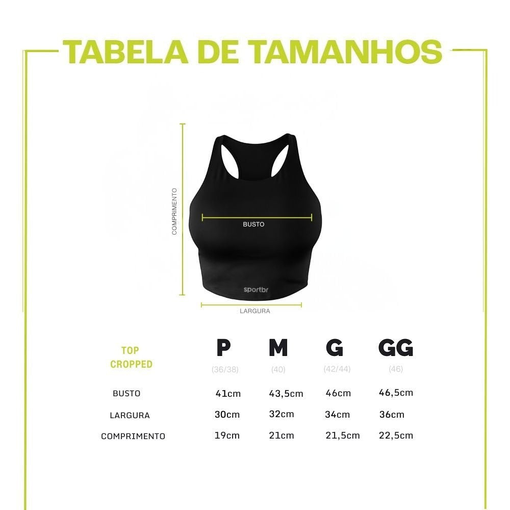 Tabela de tamanhos do top cropped preto feminino SPORTBR, com medidas de busto, largura e comprimento.