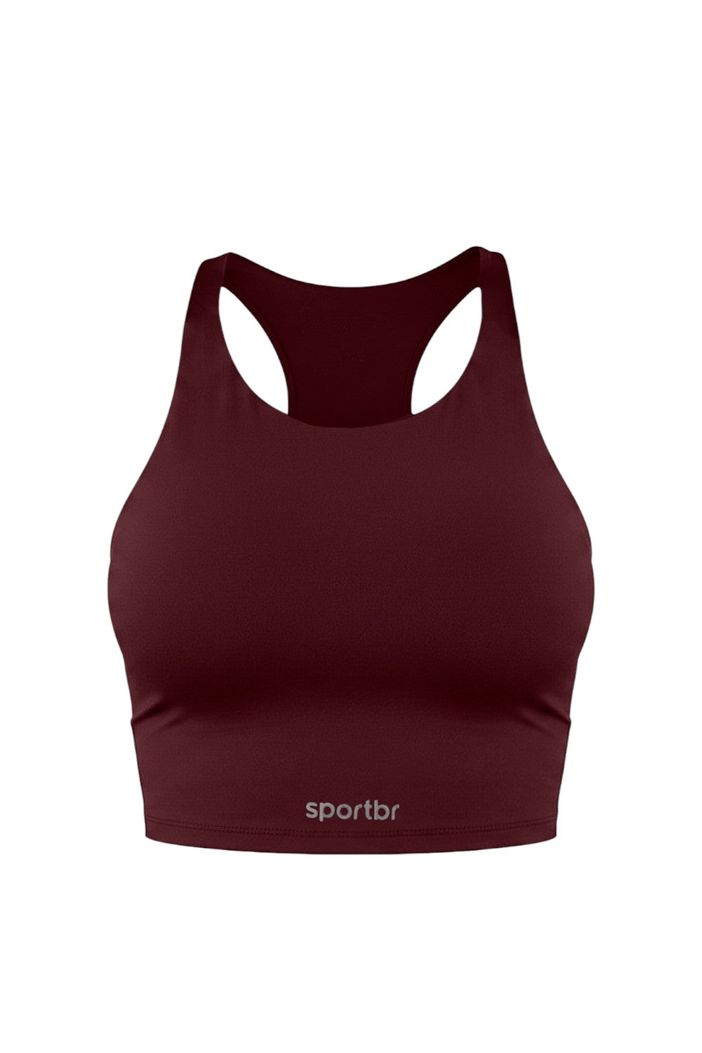 Top cropped de corrida feminino SPORTBR na cor vinho, com design nadador, bojo integrado e logo refletivo frontal.