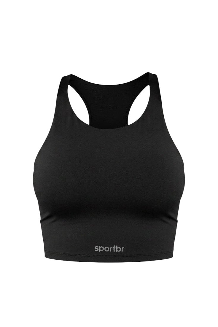 Top cropped preto de alta sustentação para corrida da marca SPORTBR com design nadador e tecido respirável.