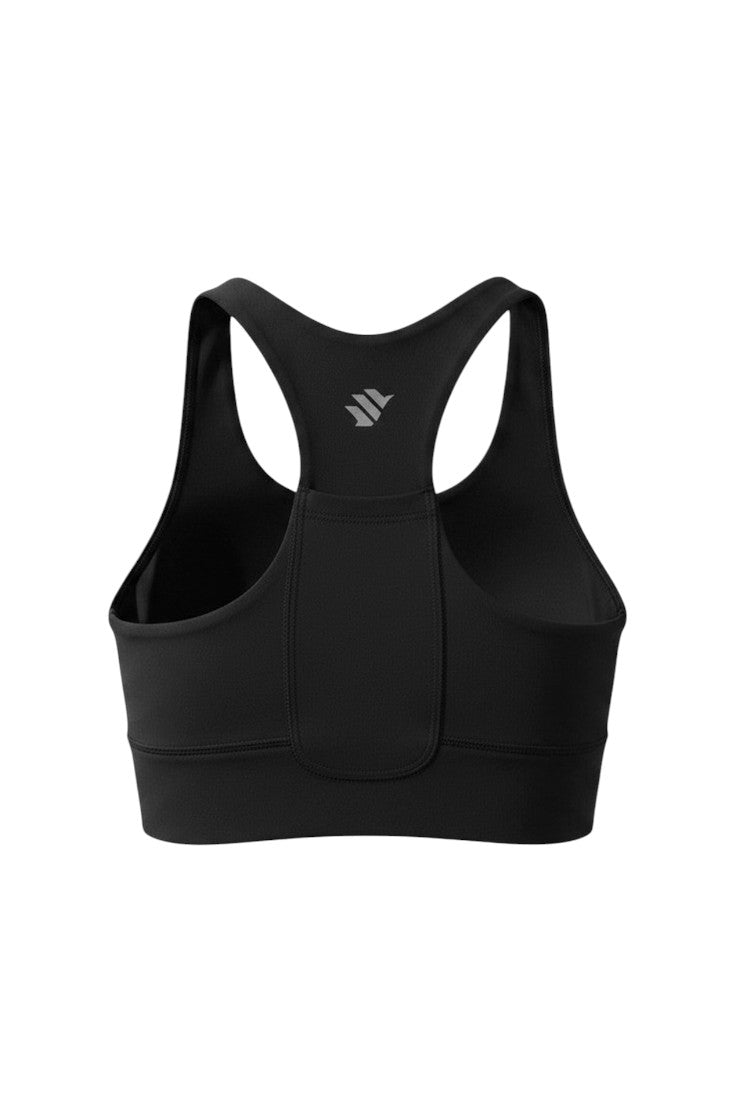 Top cropped preto de corrida feminino SPORTBR com costas nadador, bolso traseiro e logo refletivo.