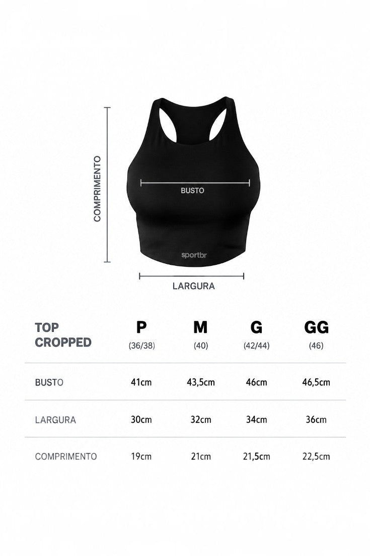 Tabela de medidas do top cropped preto para corrida feminino SPORTBR com indicações de busto, largura e comprimento.