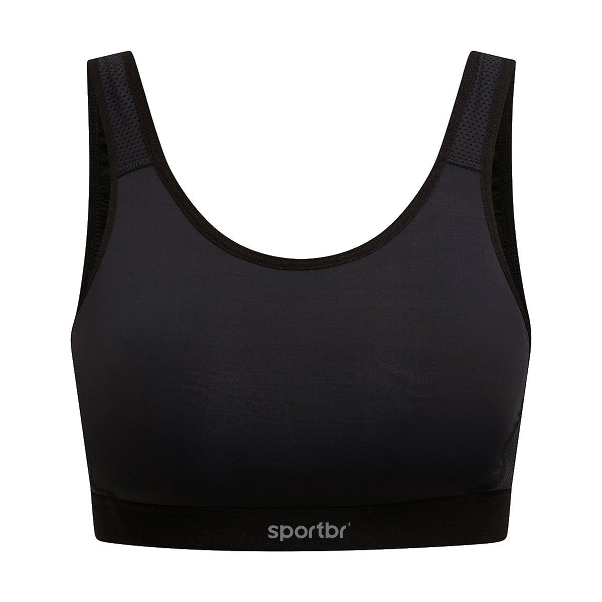 Top preto SPORTBR de alta sustentação com tecnologia Spider, fecho ajustável e logo refletivo.