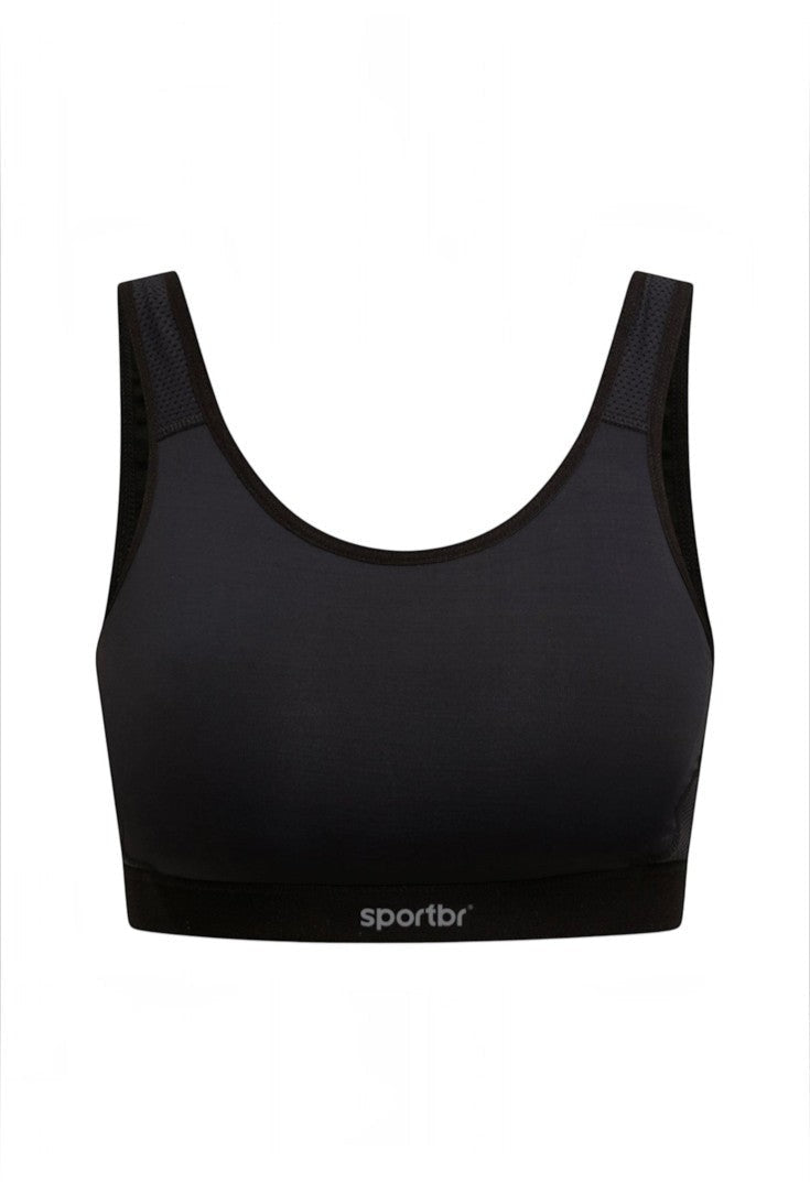 Top esportivo preto de alta sustentação SPORTBR com tecnologia Spider, tecido respirável e ajuste firme.