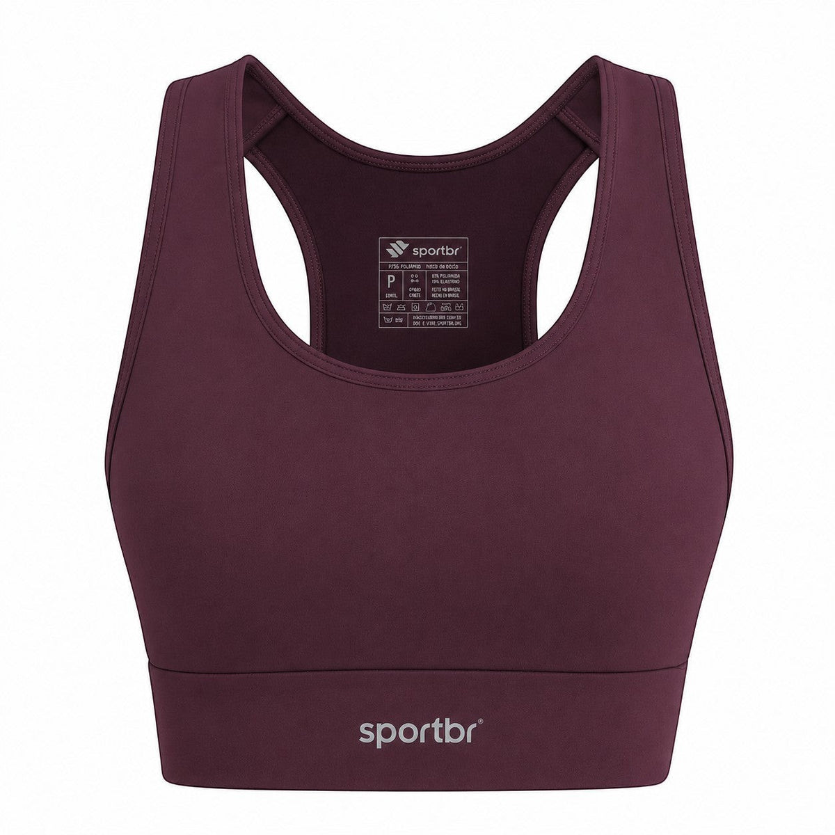 Top esportivo feminino SPORTBR vinho de alta sustentação e compressão, modelo nadador, feito em poliamida e elastano.
