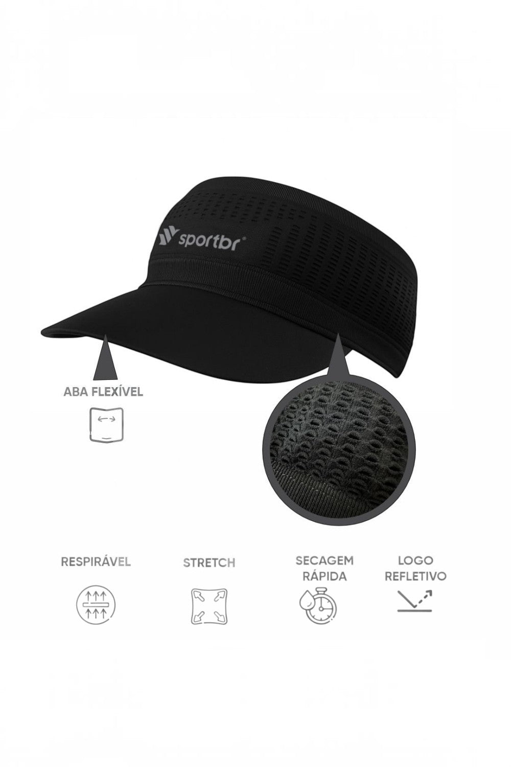 Viseira preta SPORTBR com aba flexível, tecido respirável de secagem rápida e logo refletivo para esportes.