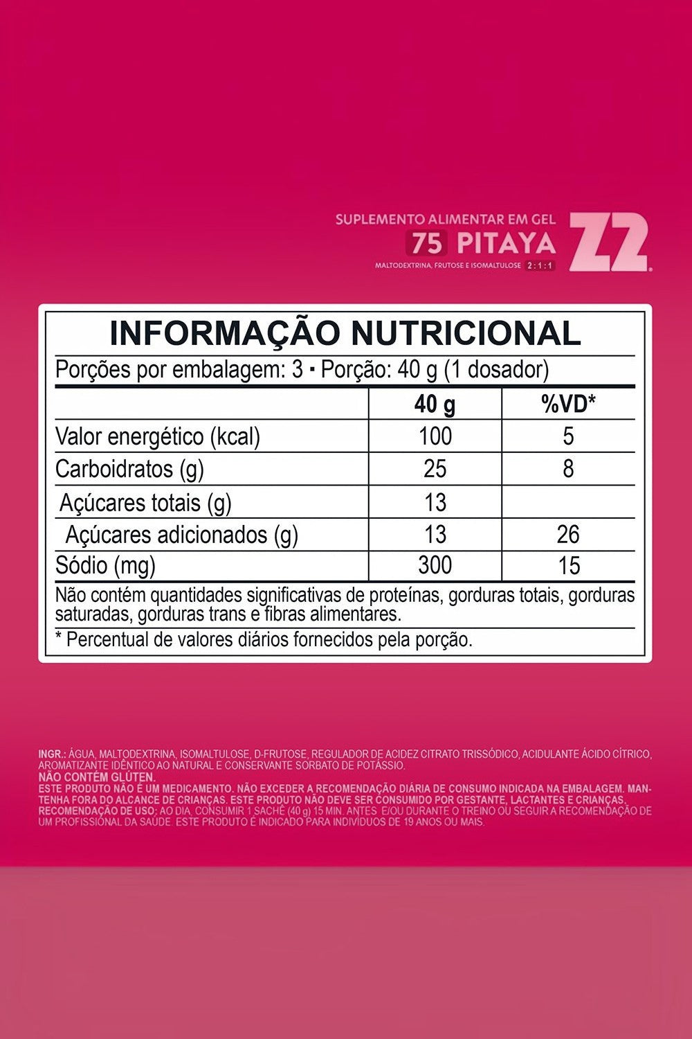 Tabela nutricional do SPORTBR Z2 Energy Gel sabor Pitaya com 120g, destacando 75g de carboidratos e alto teor de sódio.