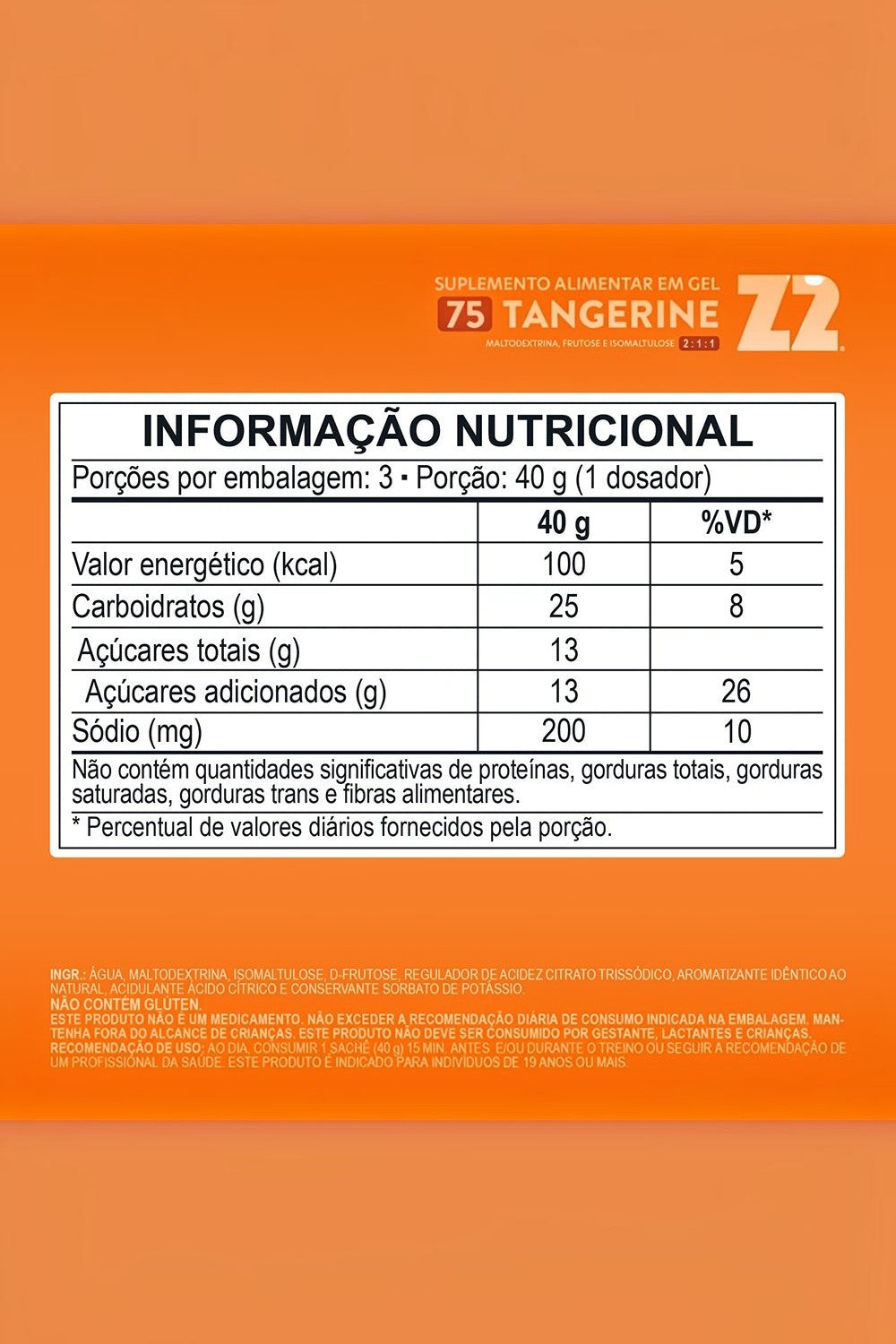 Tabela nutricional do SPORTBR Z2 Energy Gel sabor Tangerine em embalagem laranja com 75g de carboidratos