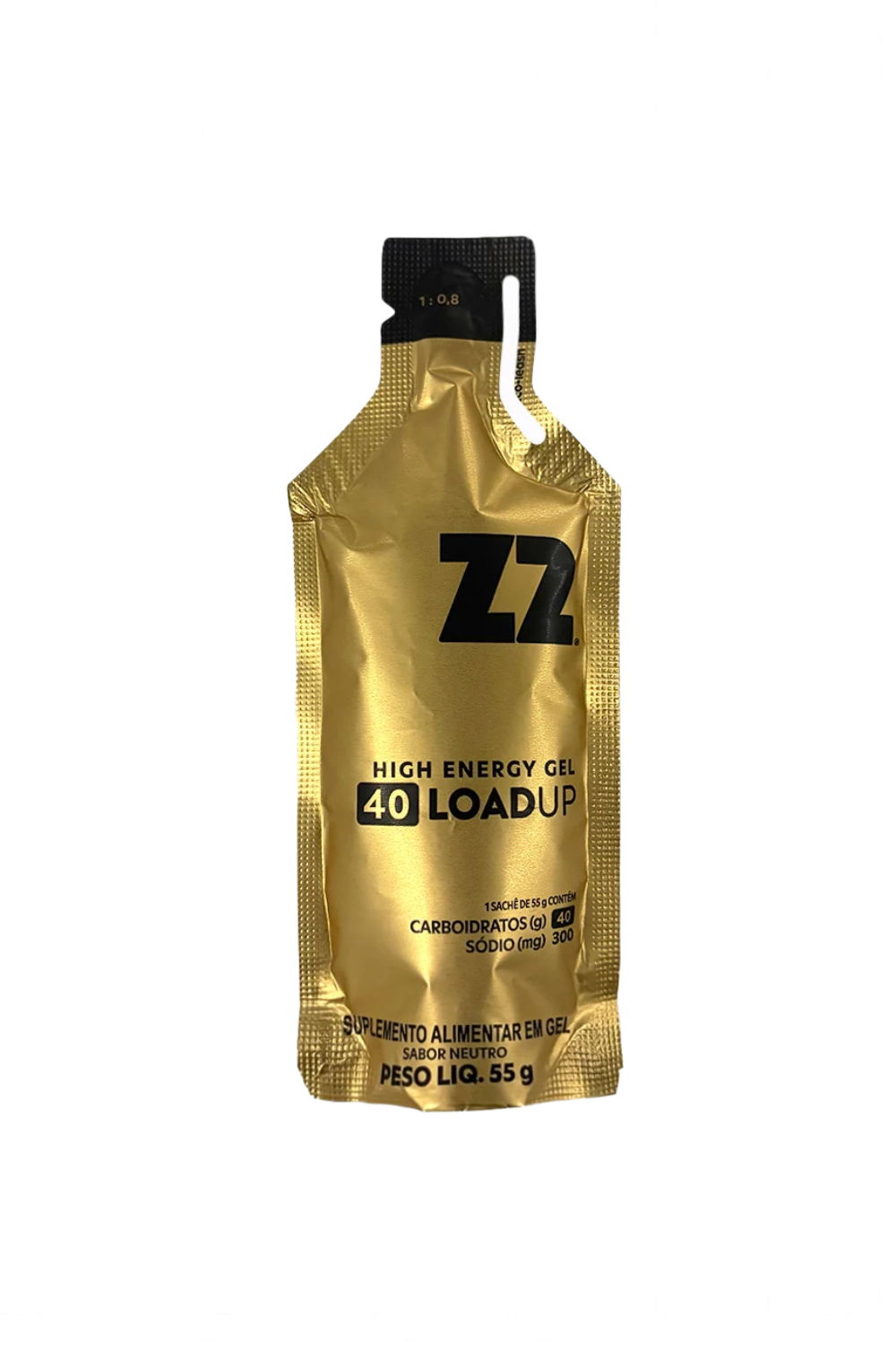 Sachê de gel de carboidrato Sportbr Z2 LoadUp sabor neutro com 40g de carboidratos e 300mg de sódio, embalagem dourada.