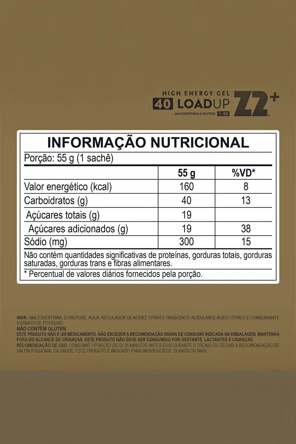Tabela nutricional do gel de carboidrato Sportbr Z2 LoadUp 40g com 300mg de sódio, sabor neutro.