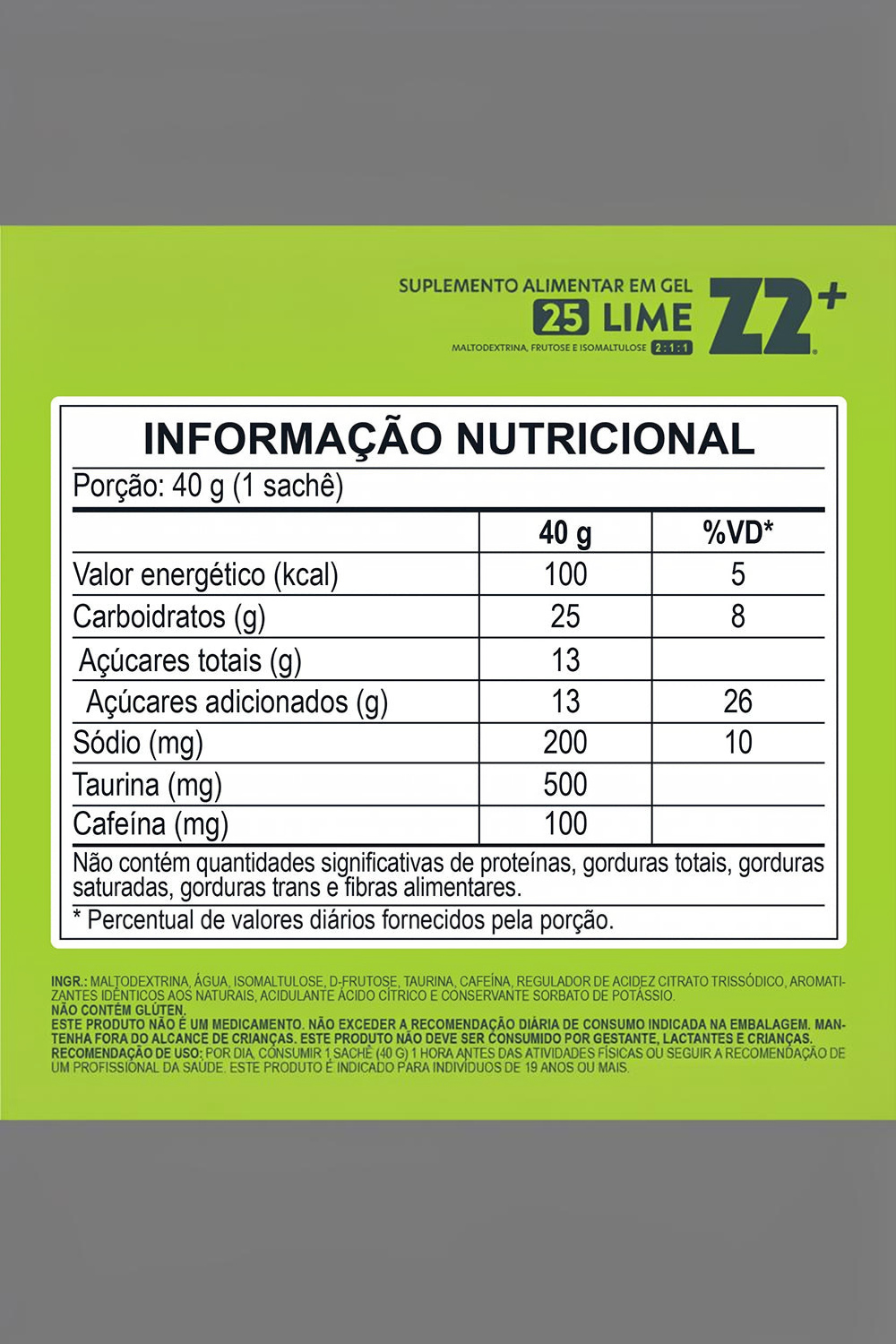 Tabela nutricional do gel de carboidrato Sportbr Z2+ sabor lime com 40g, detalhando ingredientes e valores energéticos.