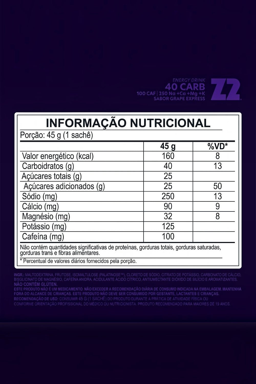 Tabela nutricional do SPORTBR Z2+ Power Powder sabor Grape Express com 40g de carboidratos e 100mg de cafeína.