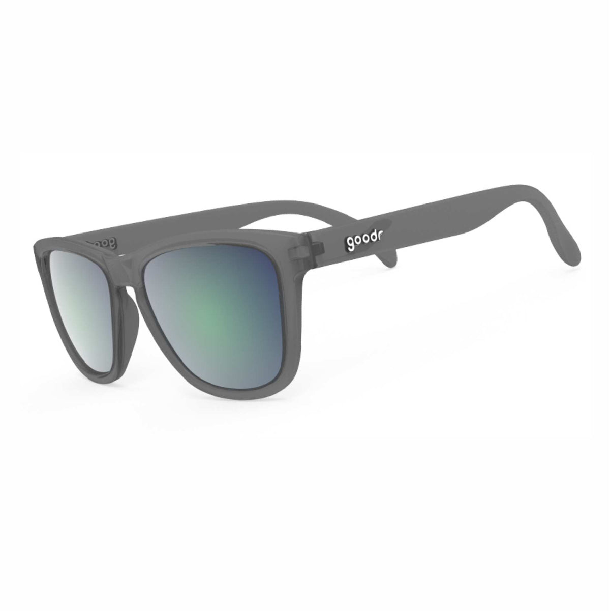 Óculos de sol cinza unissex com armação quadrada e lente verde espelhada, polarizada com proteção UV400. O acessório é leve, confortável e não escorrega ou pula no rosto ao realizar esportes.