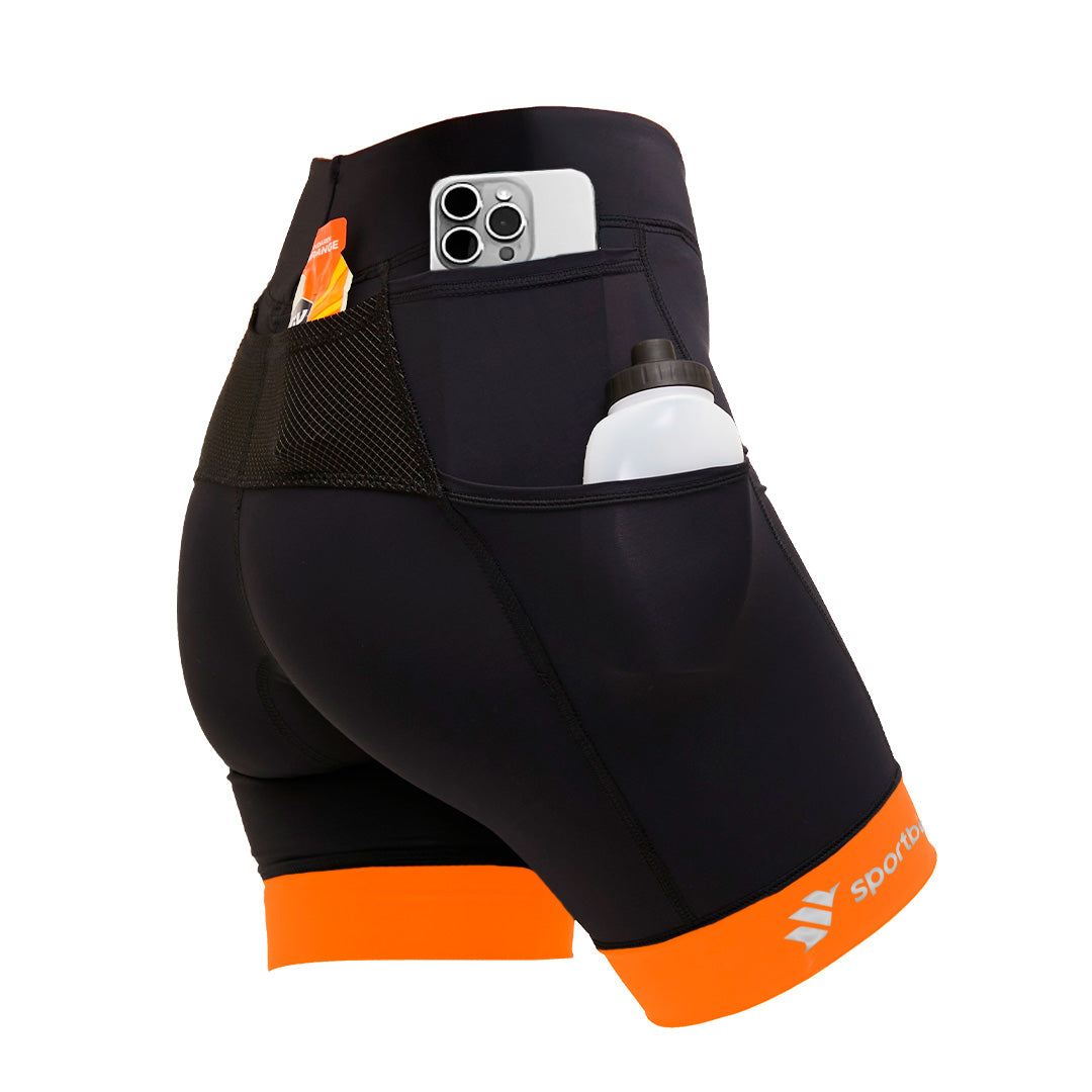 Bermuda de Compressão Feminina Para Corrida 6 Bolsos- Sportbr - Preta e Laranja