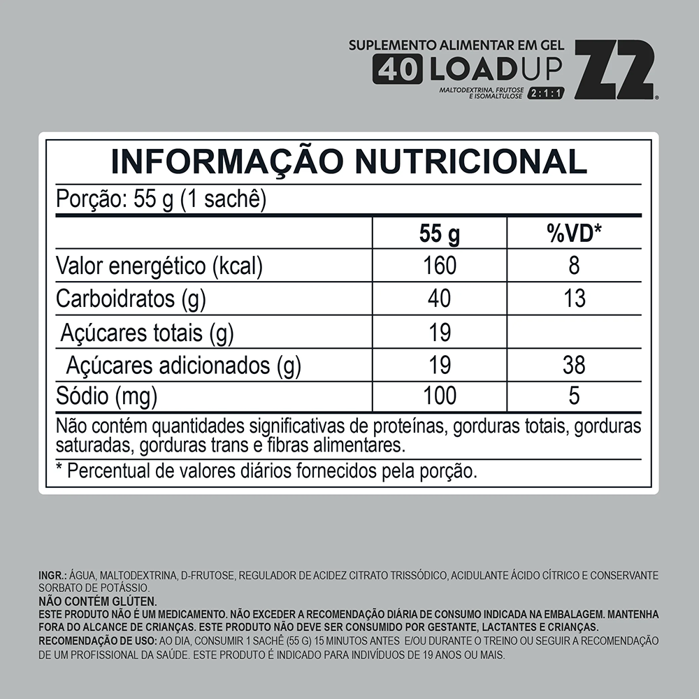 Caixa 10 Sachês Energy Gel Z2 LOADUP 40 CARB 55g - Sabor Neutro