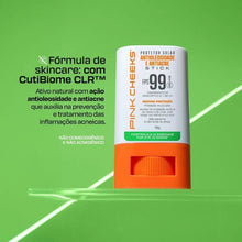 Protetor solar facial em bastão FPS 99 da Pink Cheeks, com toque seco, controle de oleosidade e ação antiacne. Embalagem branca e laranja.