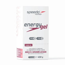 Caixa com 10 sachês de Energy Gel Speedo PWRD Z2 sabor Maçã Caramelizada, com 26g de carboidrato e 109mg de sódio.