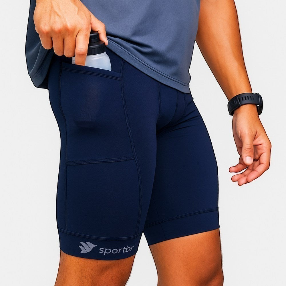 Bermuda de compressão masculina azul marinho SPORTBR com 6 bolsos para corrida e treino, feita de poliamida e elastano.