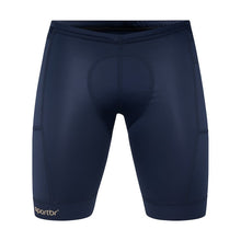 Bermuda de compressão masculina SPORTBR azul marinho com 6 bolsos para corrida e treino, feita de poliamida e elastano.