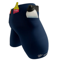 Bermuda de compressão masculina SPORTBR azul marinho com 6 bolsos para corrida e treino, feita de poliamida e elastano.