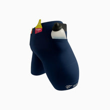 Bermuda de compressão masculina SPORTBR azul marinho com 6 bolsos para corrida e treino, feita de poliamida e elastano.