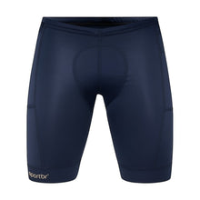 Bermuda de compressão masculina SPORTBR azul marinho com 6 bolsos para corrida e treino, feita de poliamida e elastano.