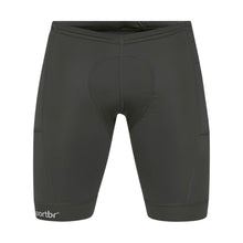 Bermuda de compressão masculina SPORTBR cinza com 6 bolsos externos, ideal para corrida e treino, feita de poliamida e elastano com proteção UV 50+.