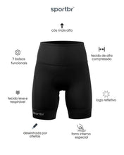 Bermuda feminina SPORTBR preta de alta compressão com cós alto, 7 bolsos funcionais e logo refletivo.