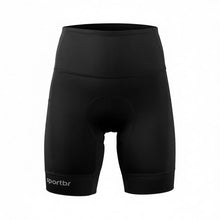Bermuda feminina SPORTBR preta de compressão com cós alto e 7 bolsos, ideal para corrida.