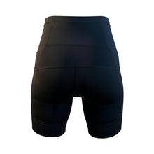 Bermuda preta de compressão feminina SPORTBR com cós alto, 7 bolsos e forro interno para corrida.