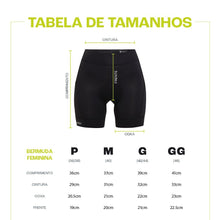 SPORTBR Bermuda de compressão feminina preta para corrida com 6 bolsos, tabela de tamanhos com medidas de cintura, coxa, comprimento e frente.