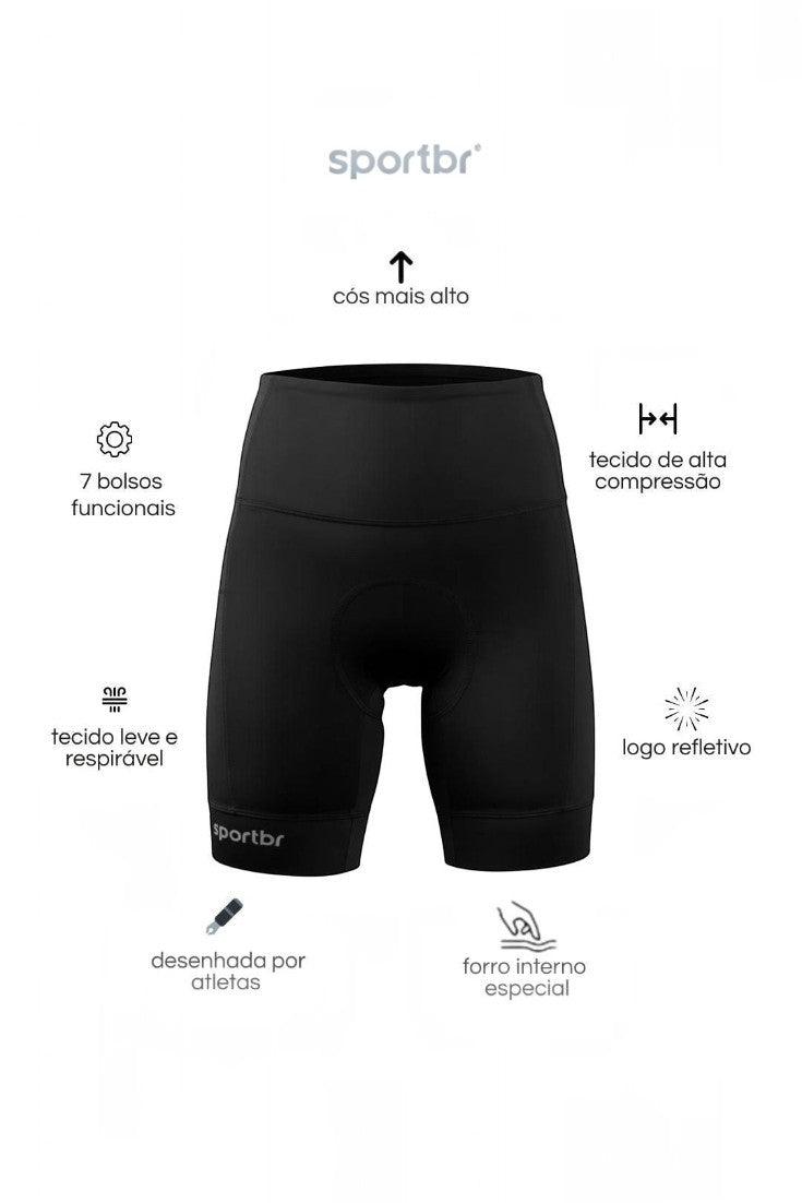 Bermuda de compressão feminina preta SPORTBR com cós alto, sete bolsos, tecido respirável e detalhes refletivos.