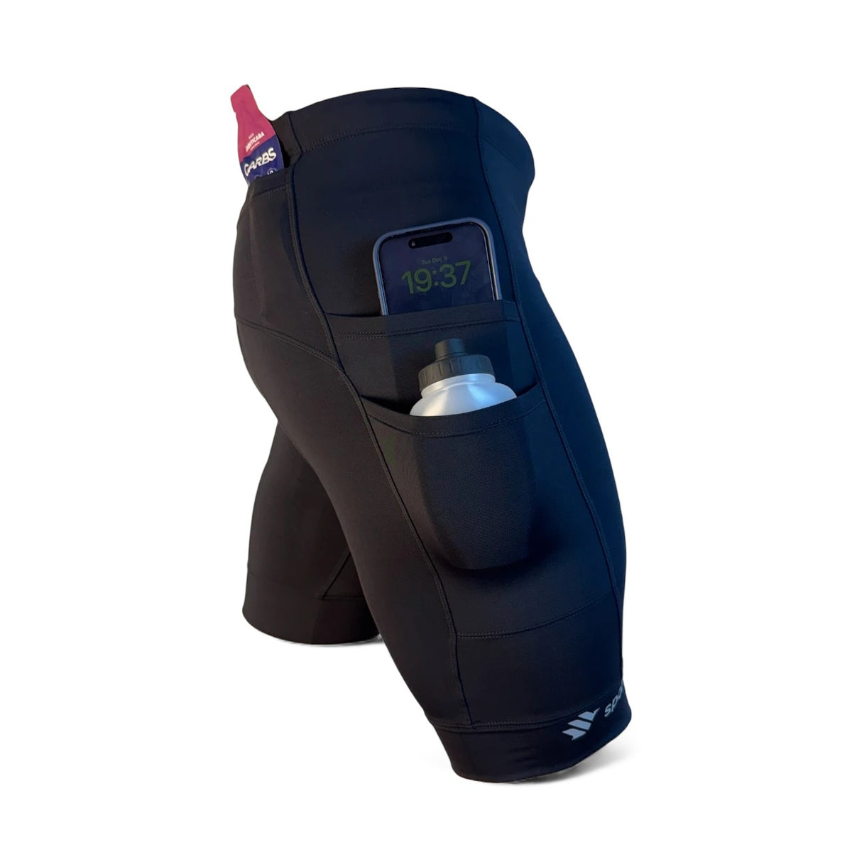 Bermuda de compressão preta SPORTBR masculina de cintura alta com 7 bolsos, ideal para corrida e treino.