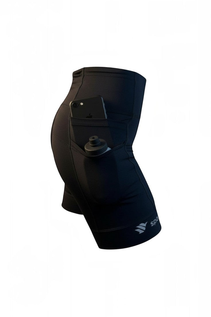 Bermuda de compressão preta SPORTBR com cós alto e bolsos laterais para celular e garrafa, ideal para corrida.