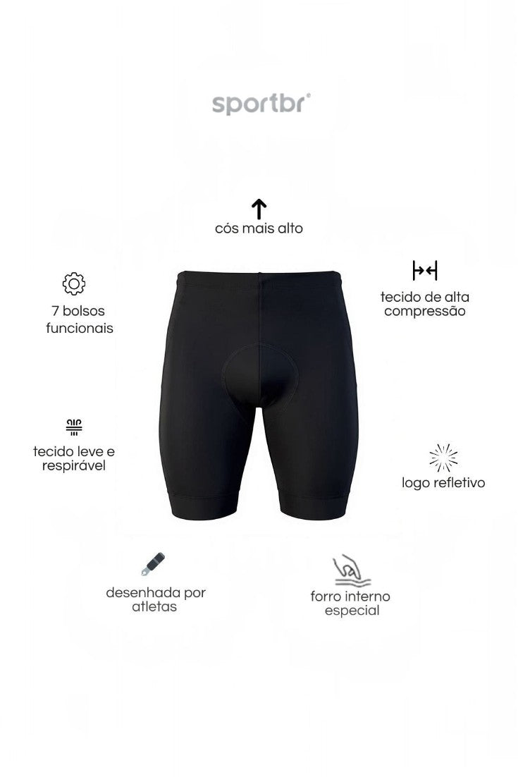 Bermuda de compressão preta SPORTBR com 7 bolsos, cós alto, forro interno e detalhes refletivos para corrida.