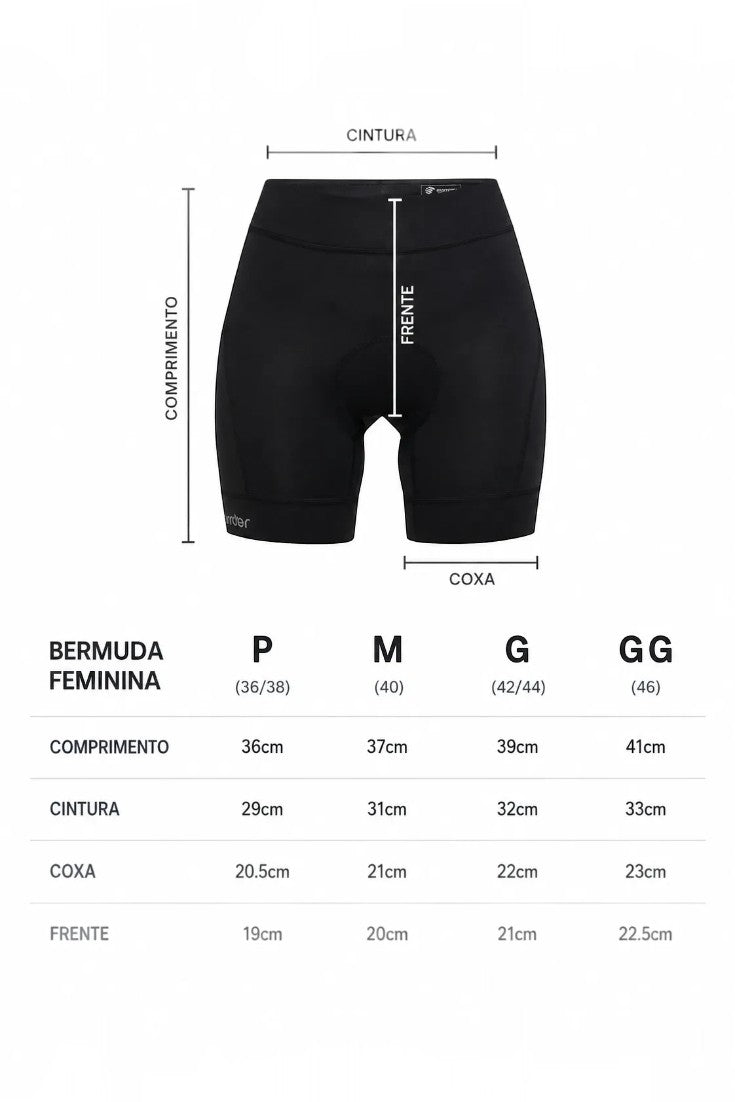 Tabela de medidas da bermuda de compressão feminina preta SPORTBR, detalhando comprimentos e larguras para tamanhos P a GG.