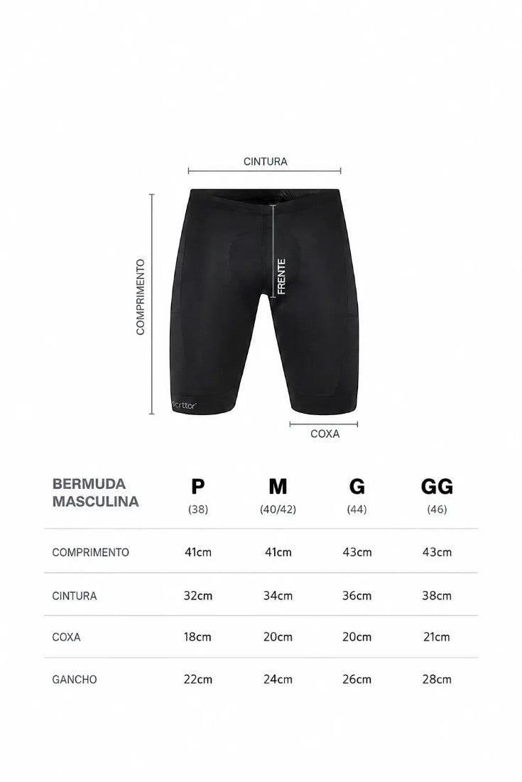 Tabela de medidas da bermuda de compressão masculina SPORTBR azul marinho com indicação de comprimento, cintura e coxa
