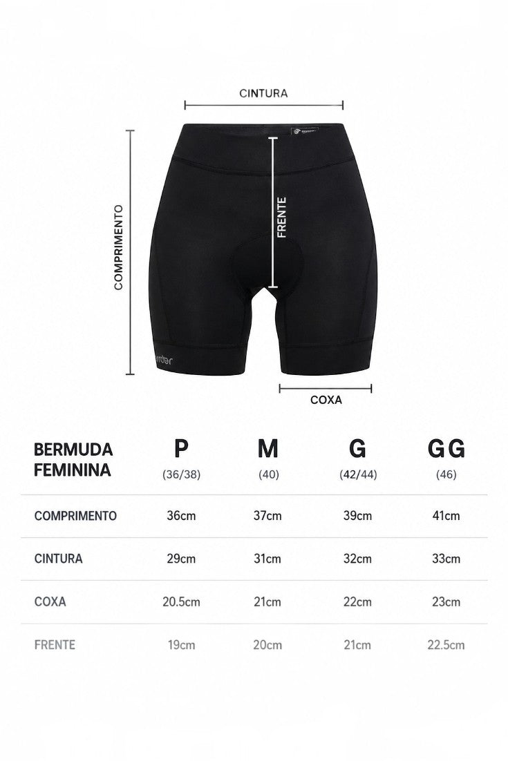 Tabela de medidas da bermuda de compressão feminina preta SPORTBR com indicação de comprimento, cintura e coxa.