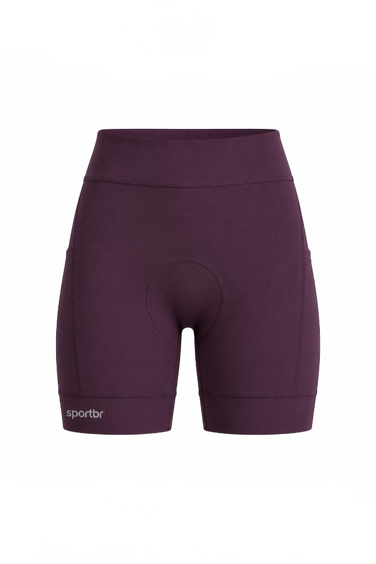 Bermuda de compressão feminina SPORTBR na cor vinho com seis bolsos funcionais e cós alto para corrida.