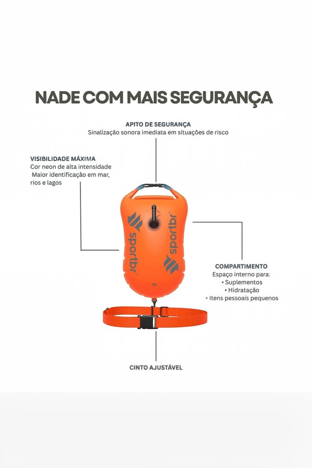 Bóia de sinalização SPORTBR 15L laranja para natação em águas abertas com cinto ajustável, apito e compartimento.
