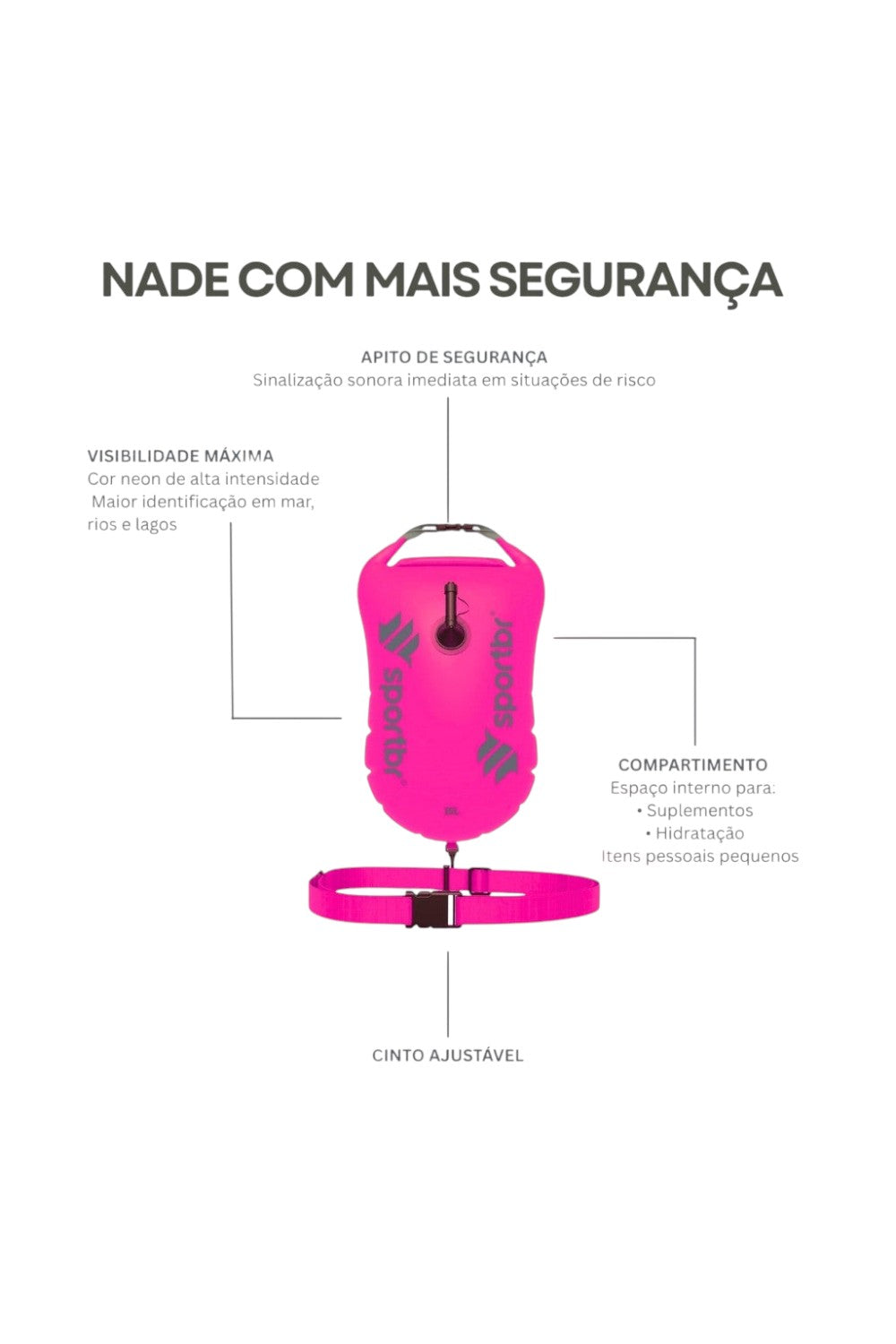 Bóia de sinalização rosa SPORTBR 15L para natação em águas abertas com cinto ajustável, apito e compartimento estanque