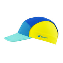 Boné de corrida SPORTBR azul, azul claro e amarelo com aba dobrável e logo da marca. Ideal para treinos.