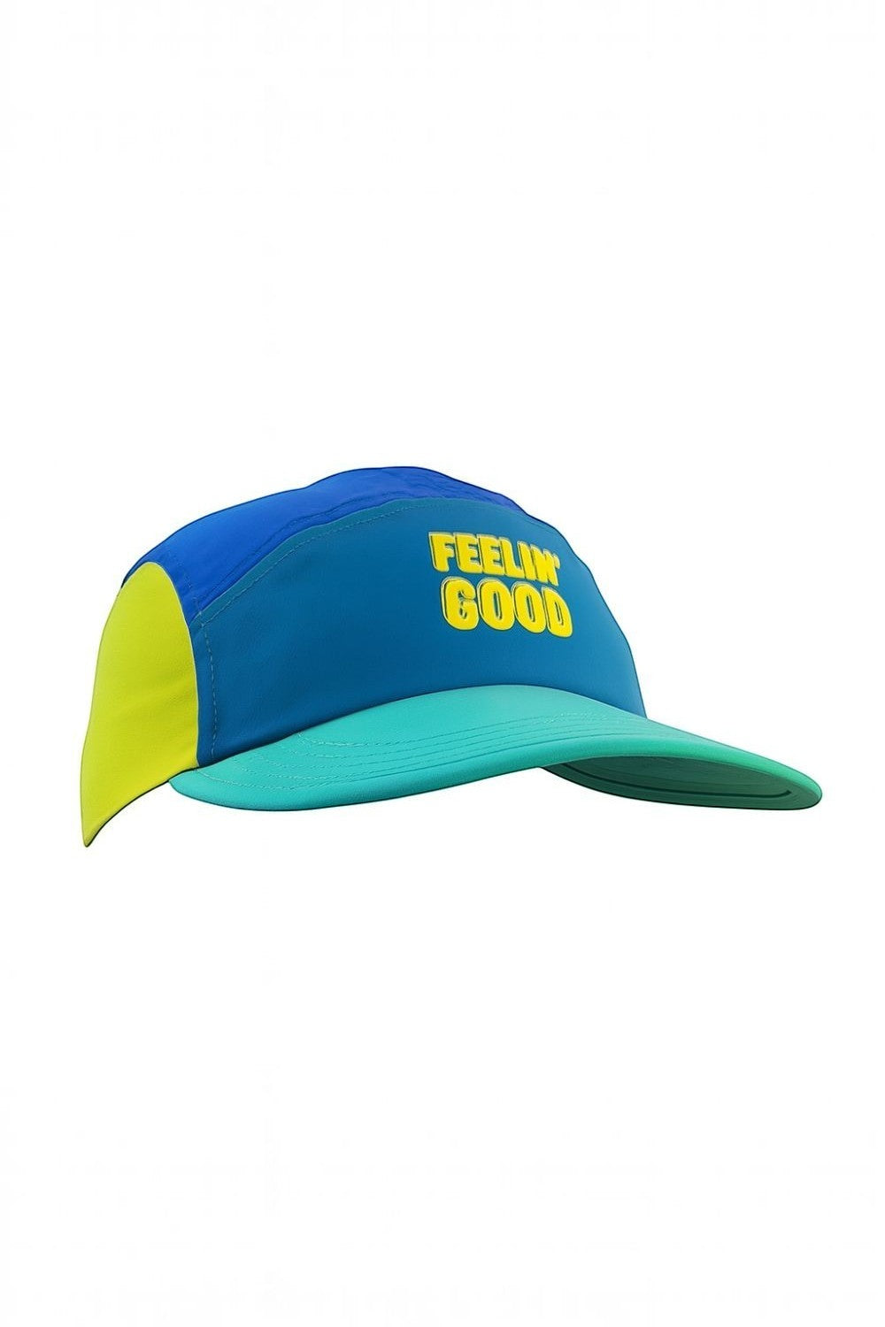 Boné de corrida SPORTBR azul e amarelo com aba flexível e estampa frontal Feelin Good