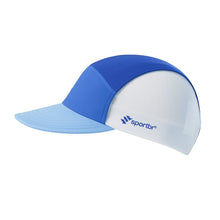 Boné de corrida SPORTBR azul e branco, ultraleve, com logo da marca e aba dobrável. Ideal para treinos.