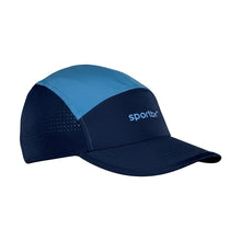 Boné de corrida SPORTBR azul marinho e azul claro, com logo bordado e painéis laterais perfurados para ventilação.